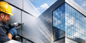 Installation d'un habillage de façade Alucobond au Maroc avec système mur rideau STACBOND moderne.