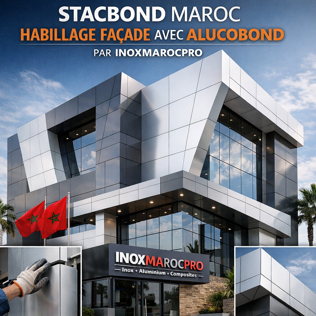 Modern commercial building façade clad with Alucobond panels by INOXMAROCPRO in Morocco, showcasing STACBOND habillage façade