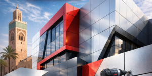 Modern building facade cladding with STACBOND Alucobond panels by INOXMAROCPRO in Morocco.