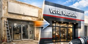 Avant-après façade magasin rénovée avec habillage Alucobond Stacbond, moderne et durable au Maroc.