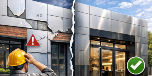 Infographic comparing common Alucobond facade cladding errors and solutions for Moroccan store fronts.