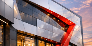 Façade moderne de magasin au Maroc revêtue de panneaux Alucobond, combinant design élégant et matériaux durables.