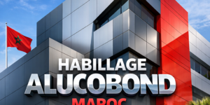 Modern commercial building facade in Morocco with durable Alucobond cladding under a clear blue sky.