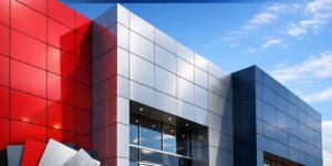 Façade commerciale au Maroc habillée de panneaux Alucobond colorés et modernes pour un design attractif et durable.