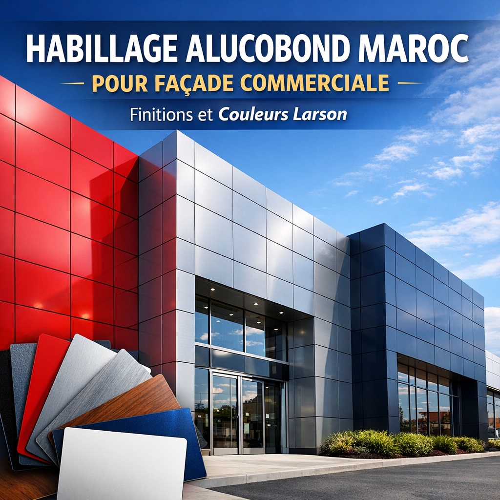 Façade commerciale au Maroc habillée de panneaux Alucobond colorés et modernes pour un design attractif et durable.