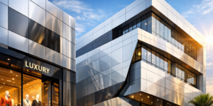 Modern luxury building facade in Morocco with sleek, high-end Alucobond cladding panels.
