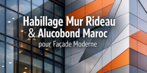 Modern building facade in Morocco with sleek Habillage Mur Rideau and Alucobond panels for a contemporary look.
